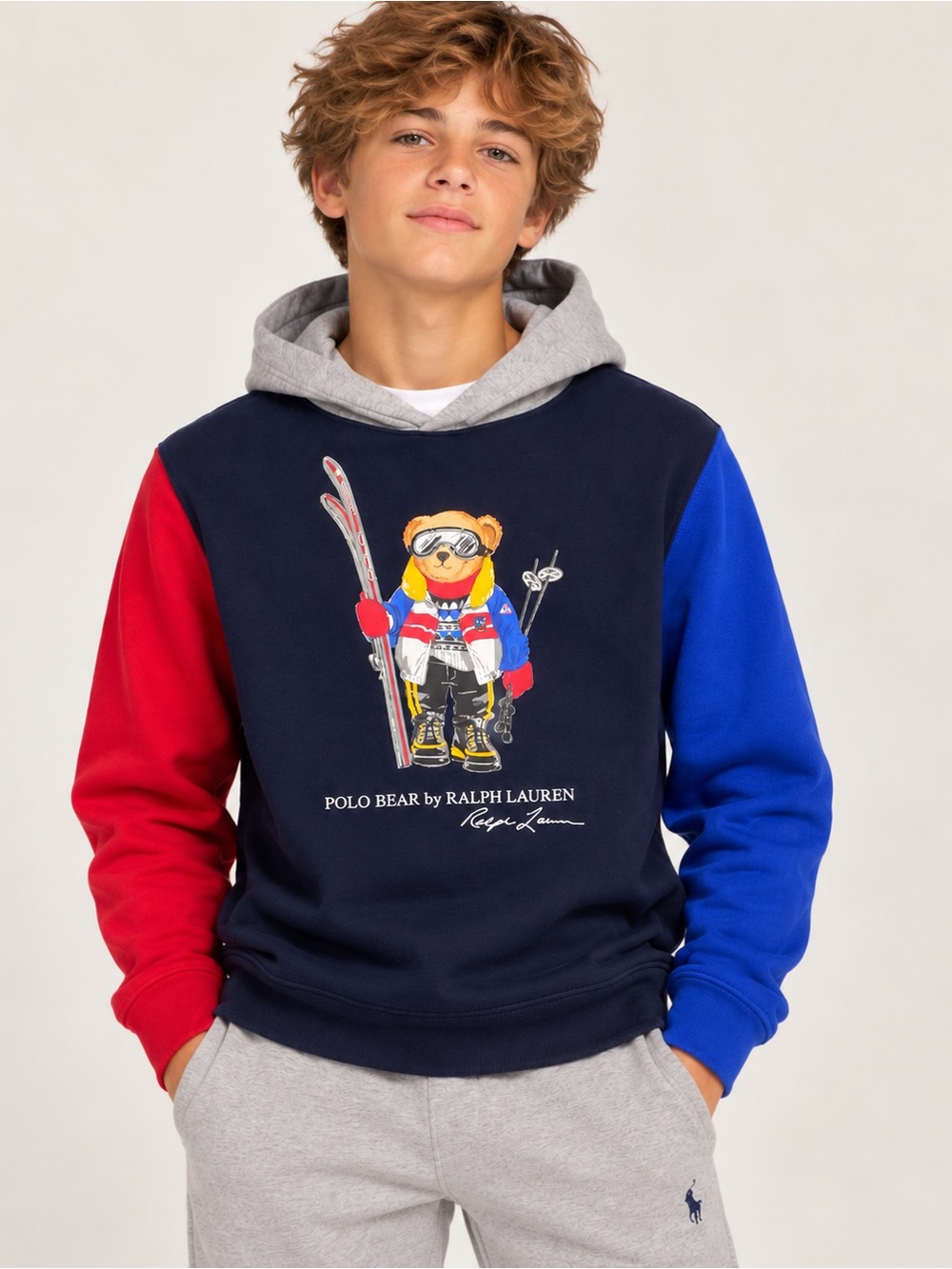 Polo Ralph Lauren Polo Bear Ski Hoodie Colorblock Navy Red Blue Boys L 14